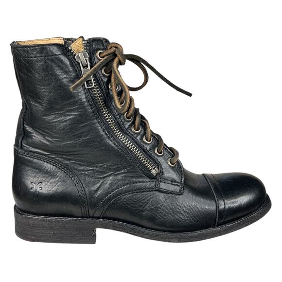 Frye Women's Tyler Double Zip Black Leather Combat Boot Size US
